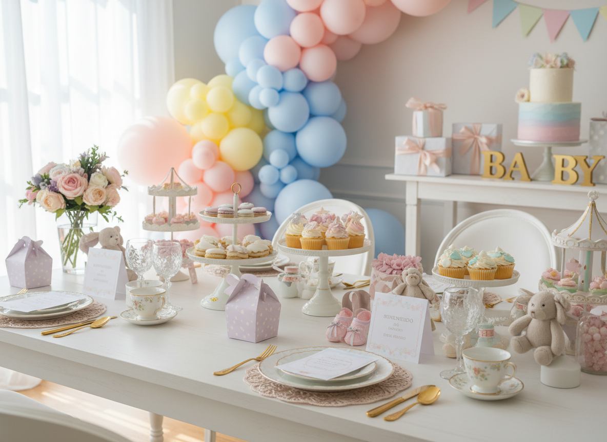 Detalle de babyshower con globos, mesa dulce y papelería personalizada