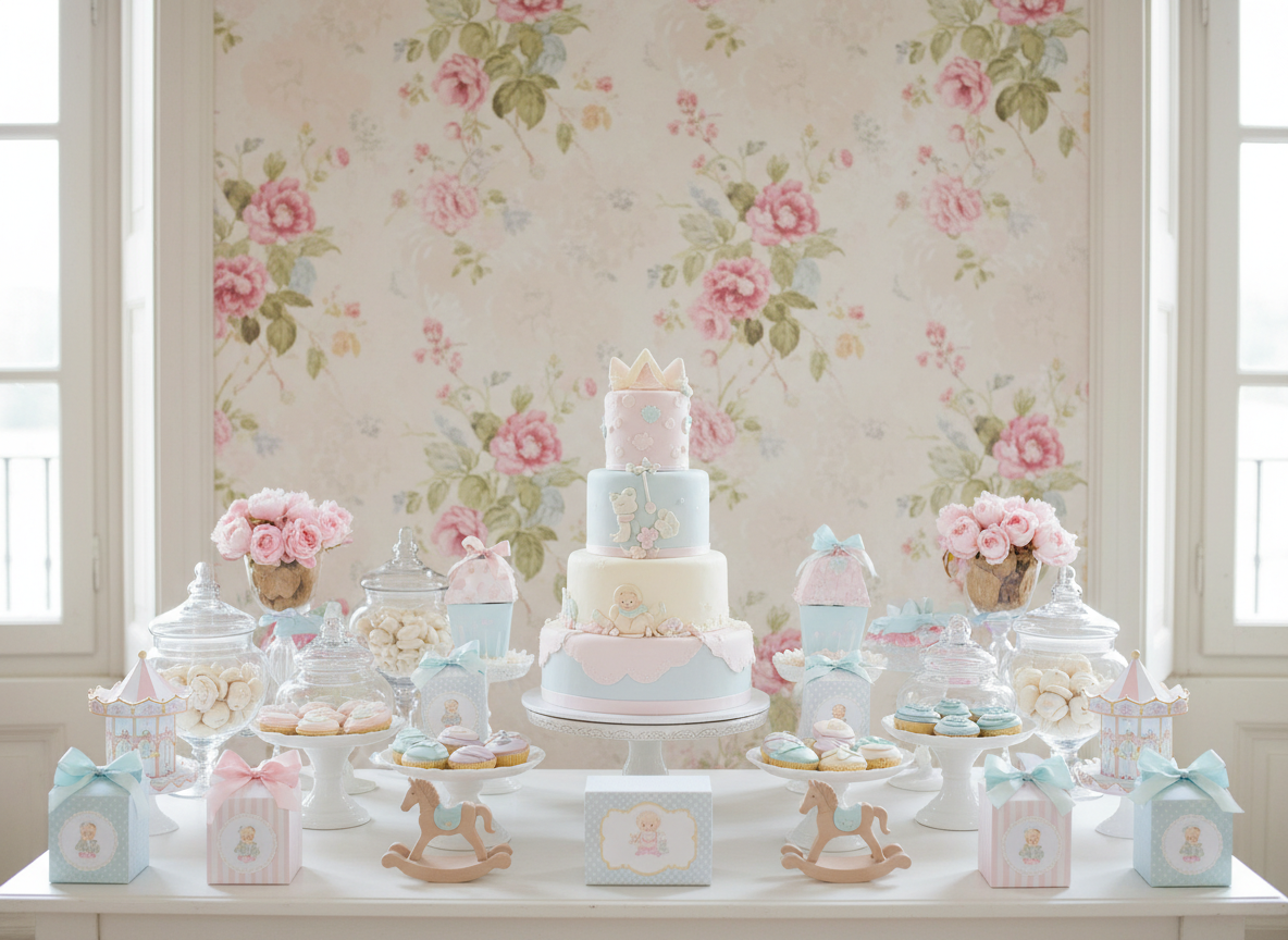 Decoración de babyshower con globos y mesa dulce en tonos pastel