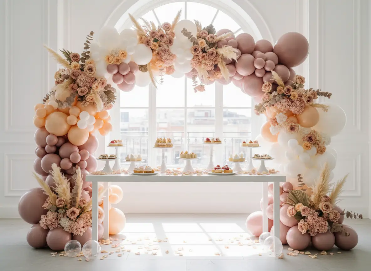 Detalle floral y globos en tonos pastel para evento en Barajas
