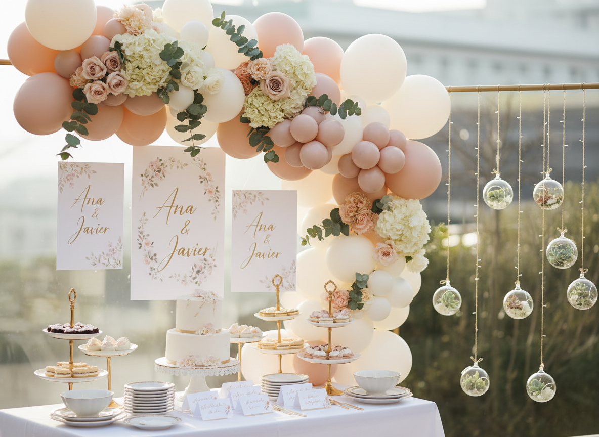 Detalle de boda con globos, flores y papelería personalizada